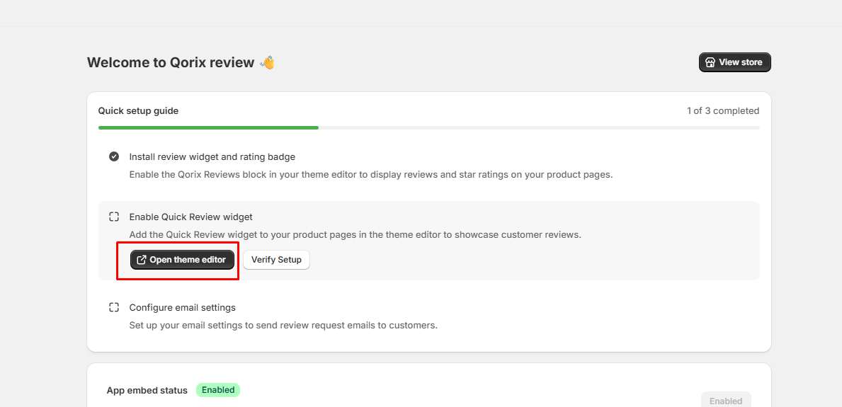 Enable Quick Review Widget - Open Theme Editor