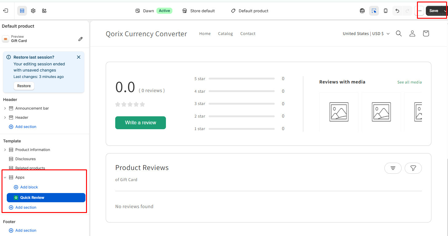 Enable Quick Review Widget - Add Block & Save